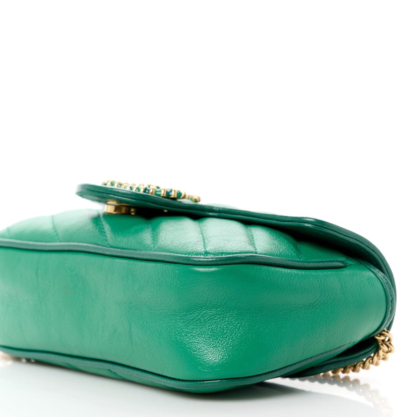 Azalea Calfskin Enamel Matelasse Diagonal Super Mini Torchon GG Marmont Shoulder Bag New Shamarock Emerald