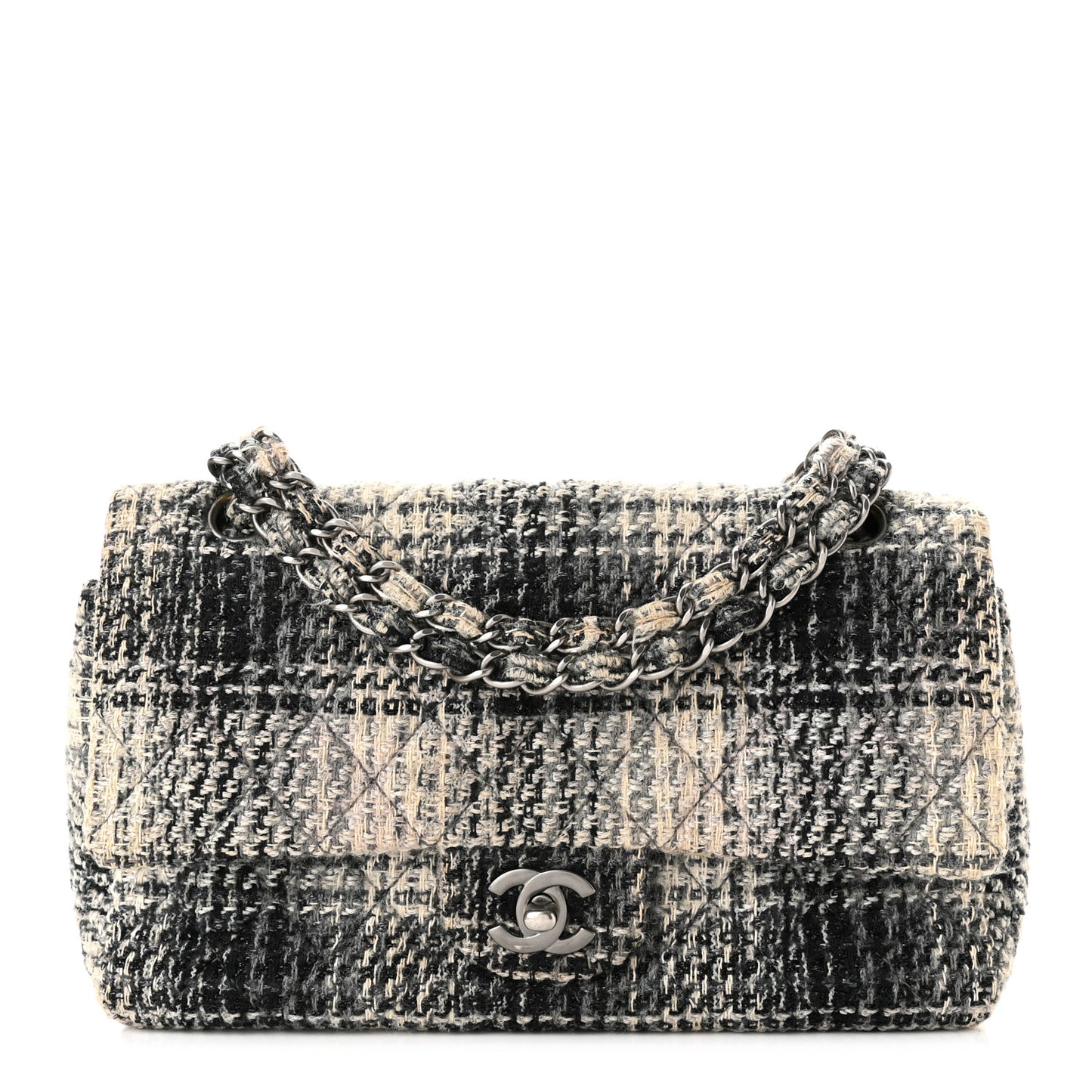 Tweed Quilted Medium Double Flap Beige White Black
