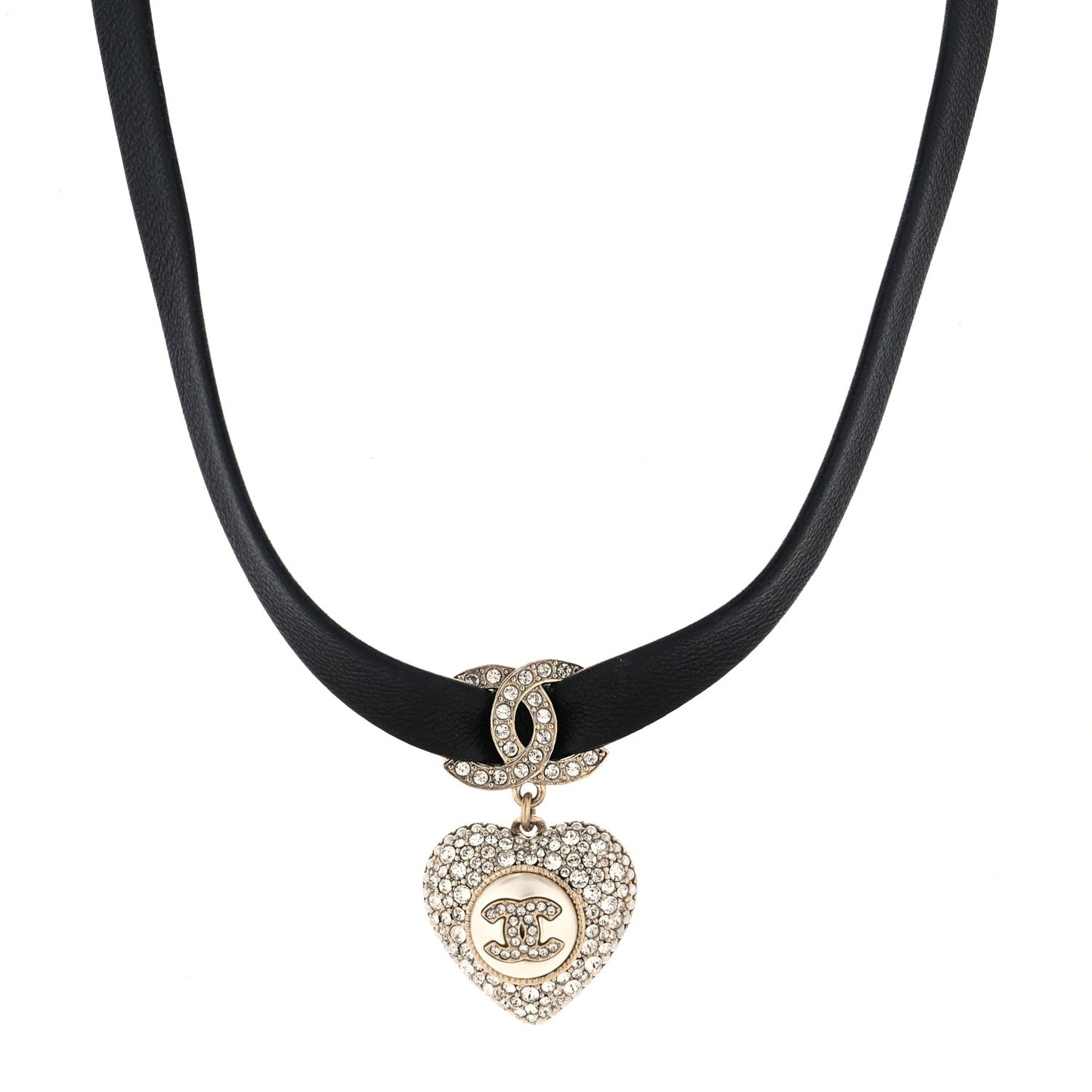 Lambskin Crystal CC Heart Choker Gold Black