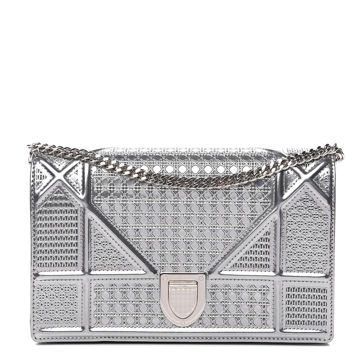 Metallic Patent Micro-Cannage Diorama Wallet on Chain Pouch Silver