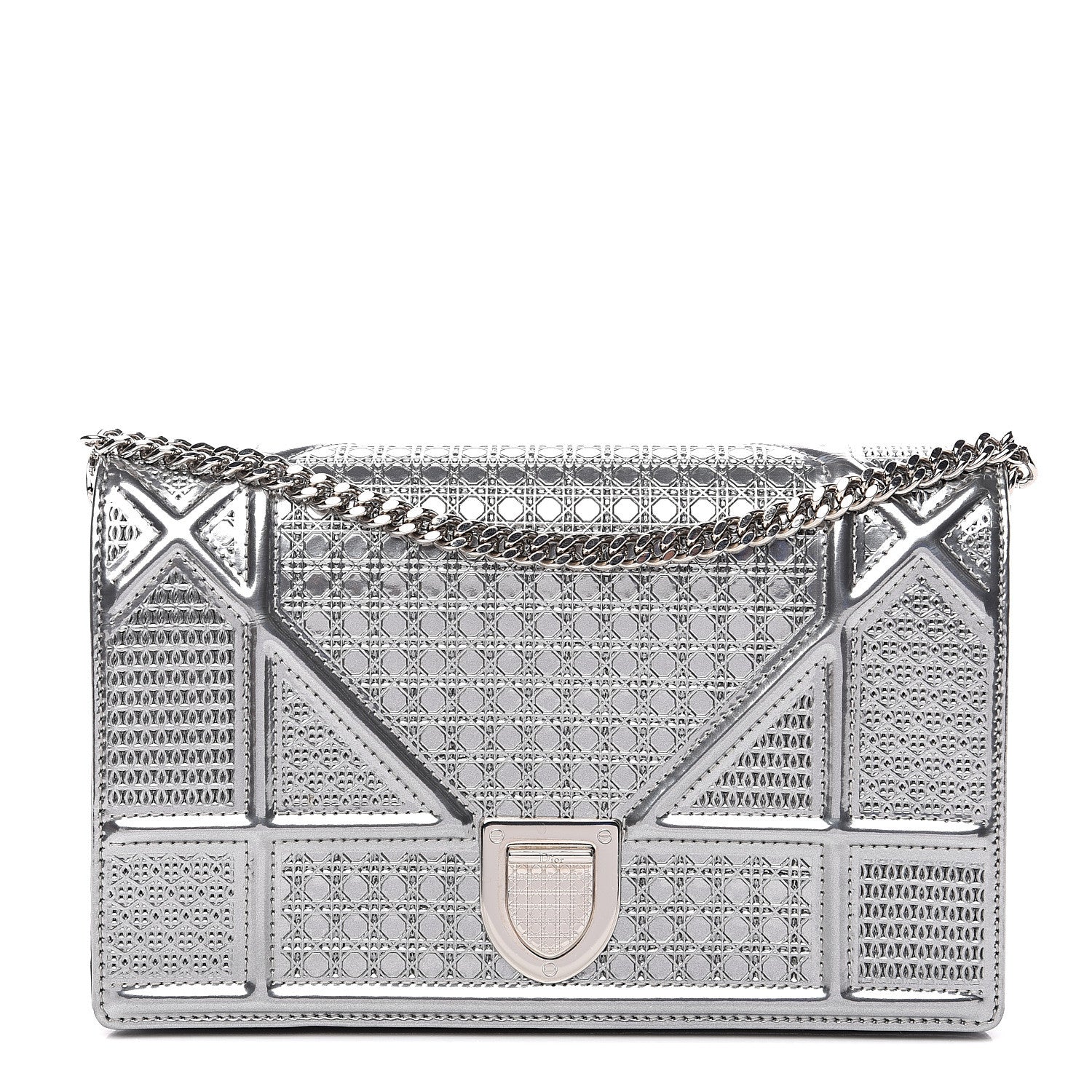 Christian Dior Metallic Patent Micro-Cannage Diorama Wallet on Chain Pouch Silver 1 of 8