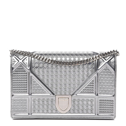 Christian Dior Metallic Patent Micro-Cannage Diorama Wallet on Chain Pouch Silver 1 of 8