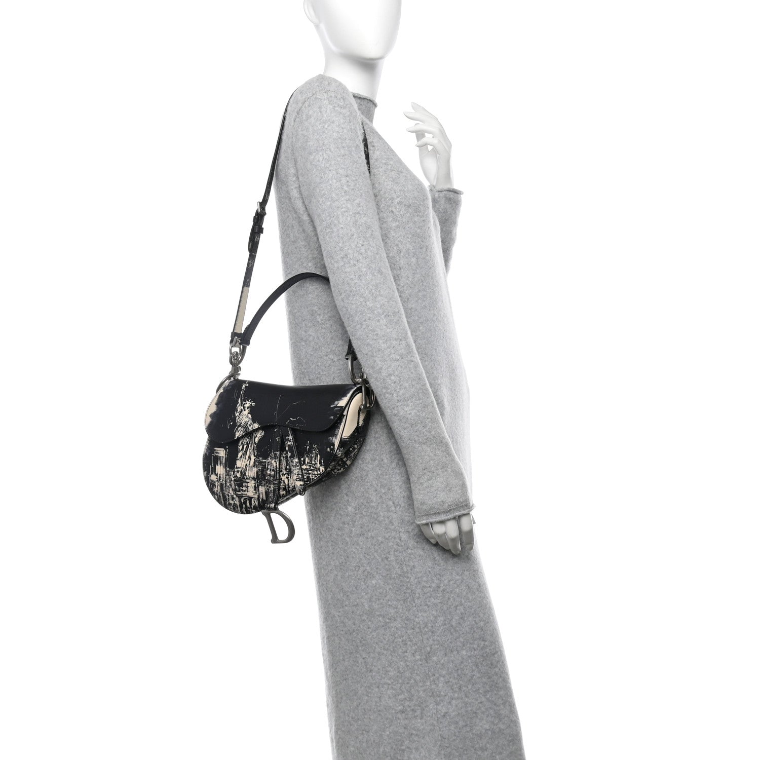 Christian Dior Calfskin New York Printed Saddle Bag With Strap Black White 2 of 10