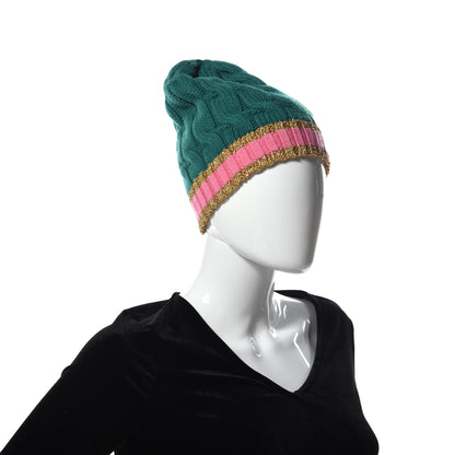 Gucci Wool Cashmere Polyamide Cable Knit Bonhate Beanie Hat M Grass Green Pink 3 of 4