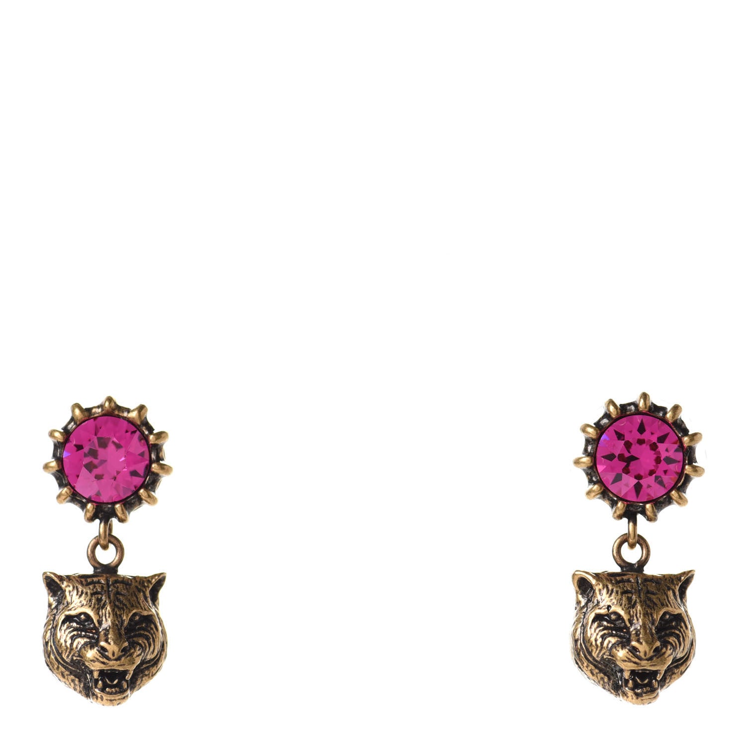 Gucci Metal Crystal Feline Earrings Aged Gold Pink 1 of 4