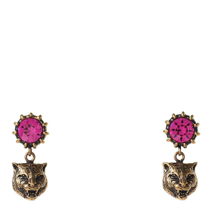 Gucci Metal Crystal Feline Earrings Aged Gold Pink 1 of 4