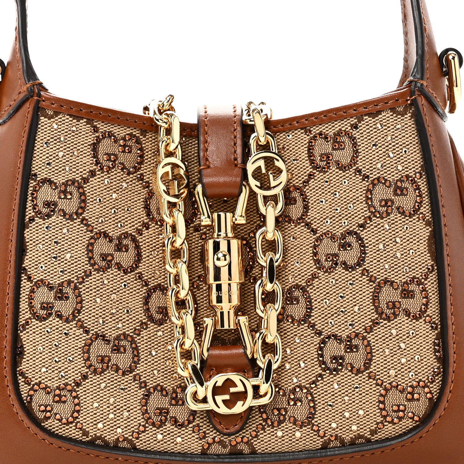 Gucci New Canvas Charisma Calfskin Crystal GG Monogram Mini Jackie 1961 Hobo Camel Ebony 8 of 10