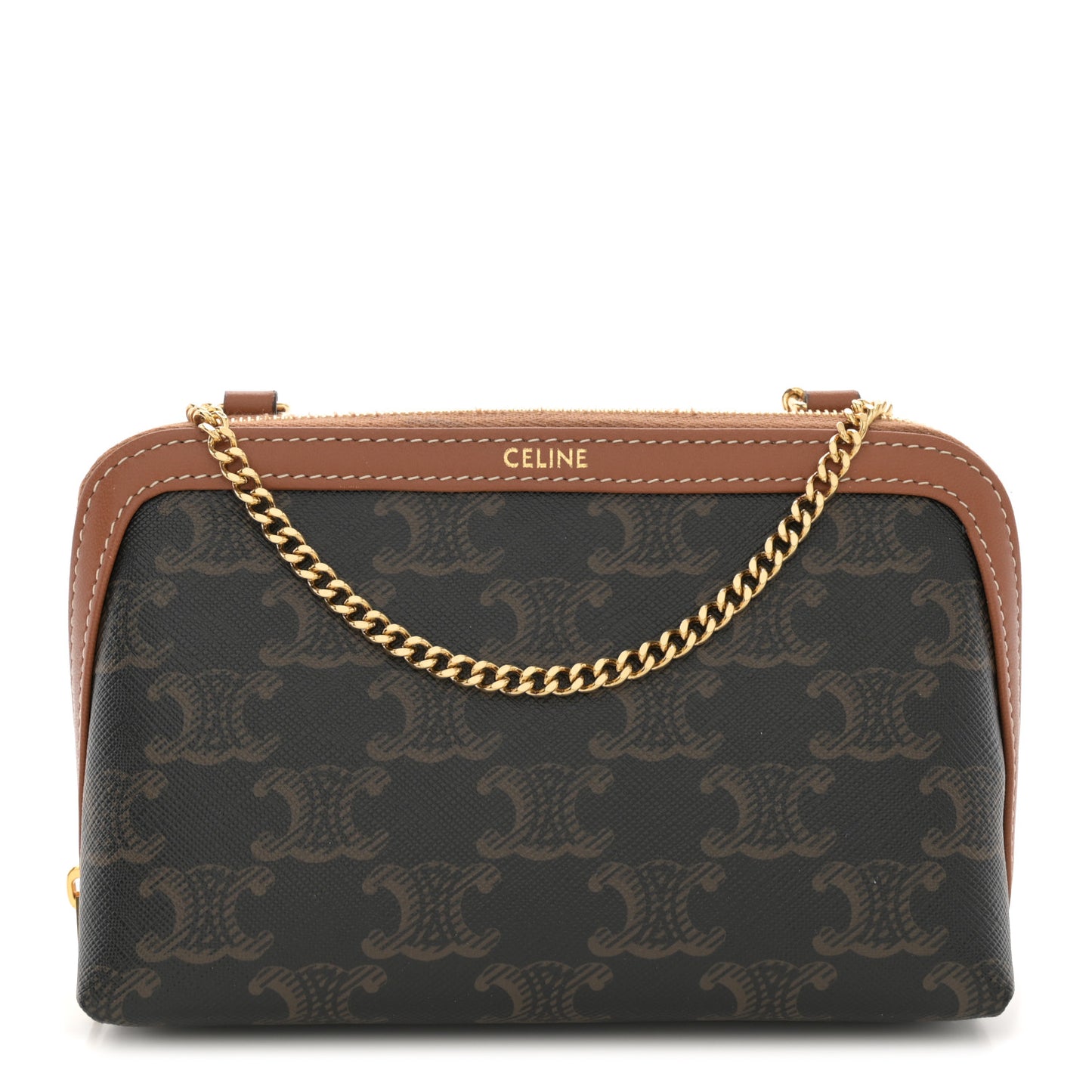 Triomphe Canvas Lambskin Clutch On Chain Tan