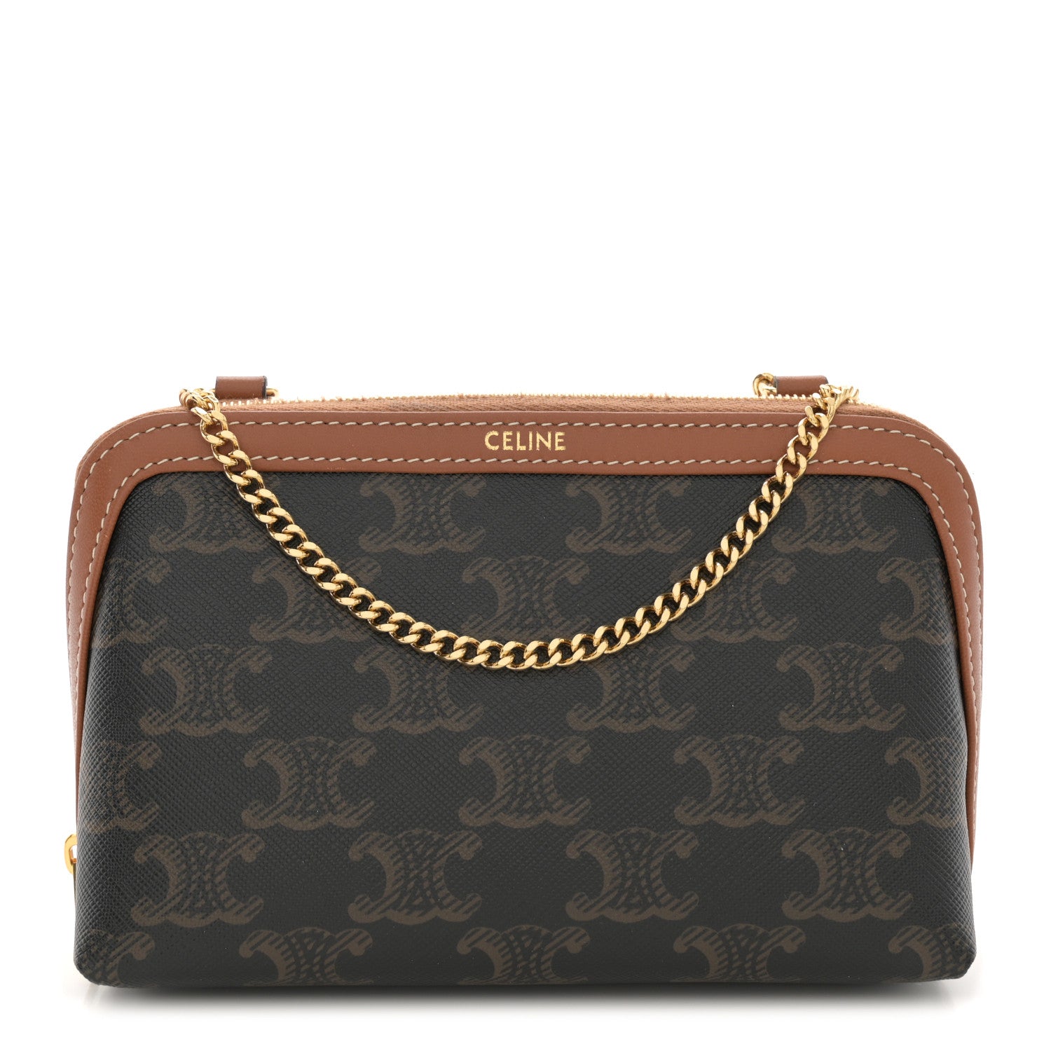 Celine Triomphe Canvas Lambskin Clutch On Chain Tan 1 of 12