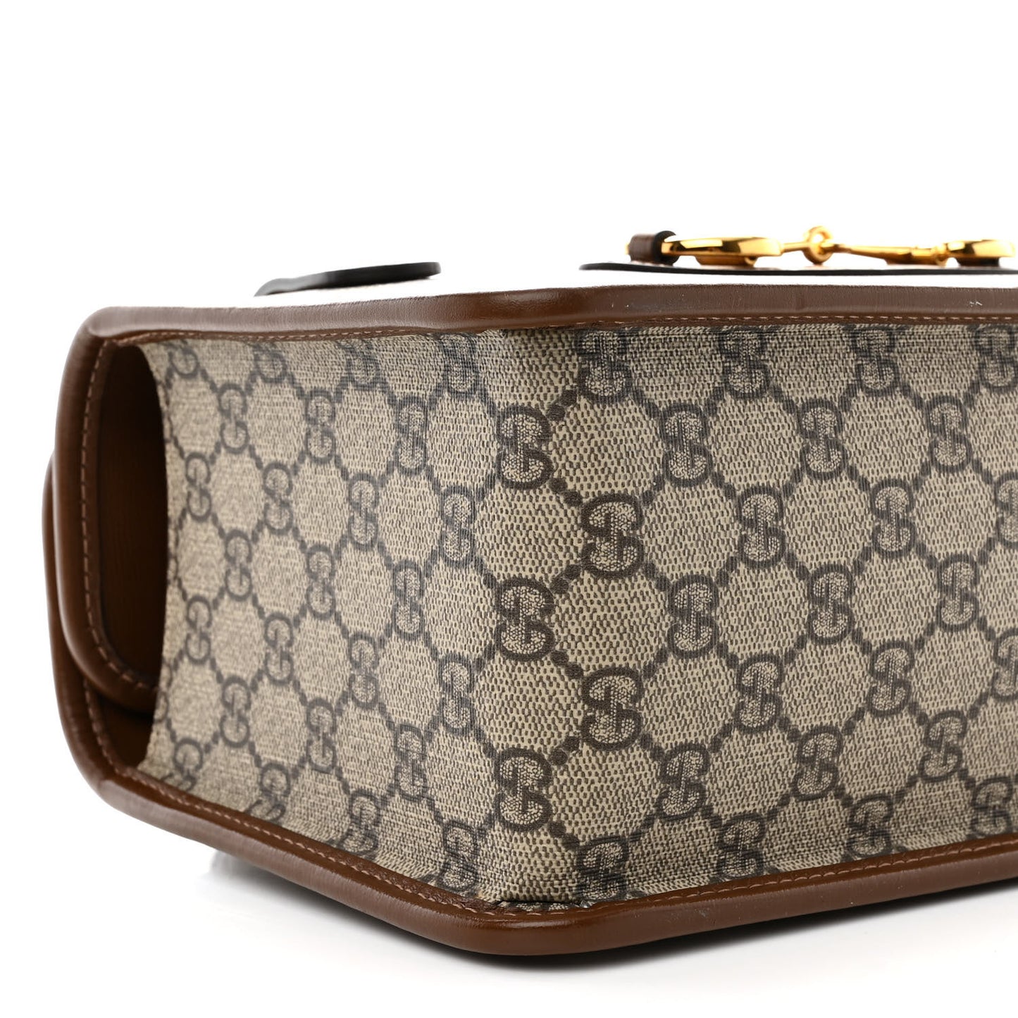 GG Supreme Monogram Azalea Calfskin Small Horsebit 1955 Foldover Top Handle Bag Beige Ebony Brown Sugar
