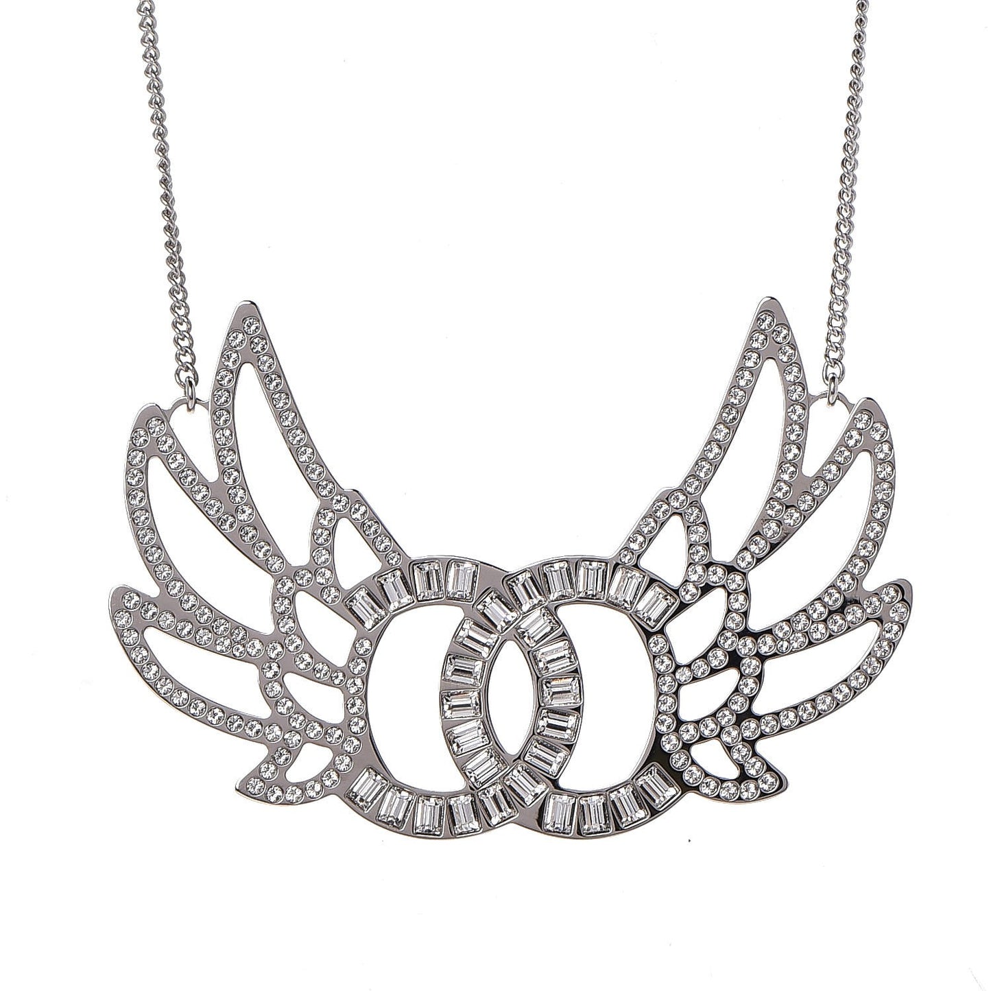 Baguette Crystal Winged CC Necklace Silver