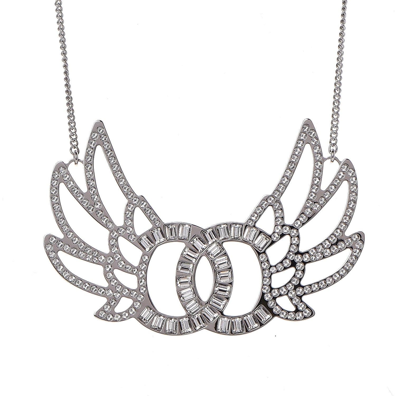 Chanel Baguette Crystal Winged CC Necklace Silver 4 of 6