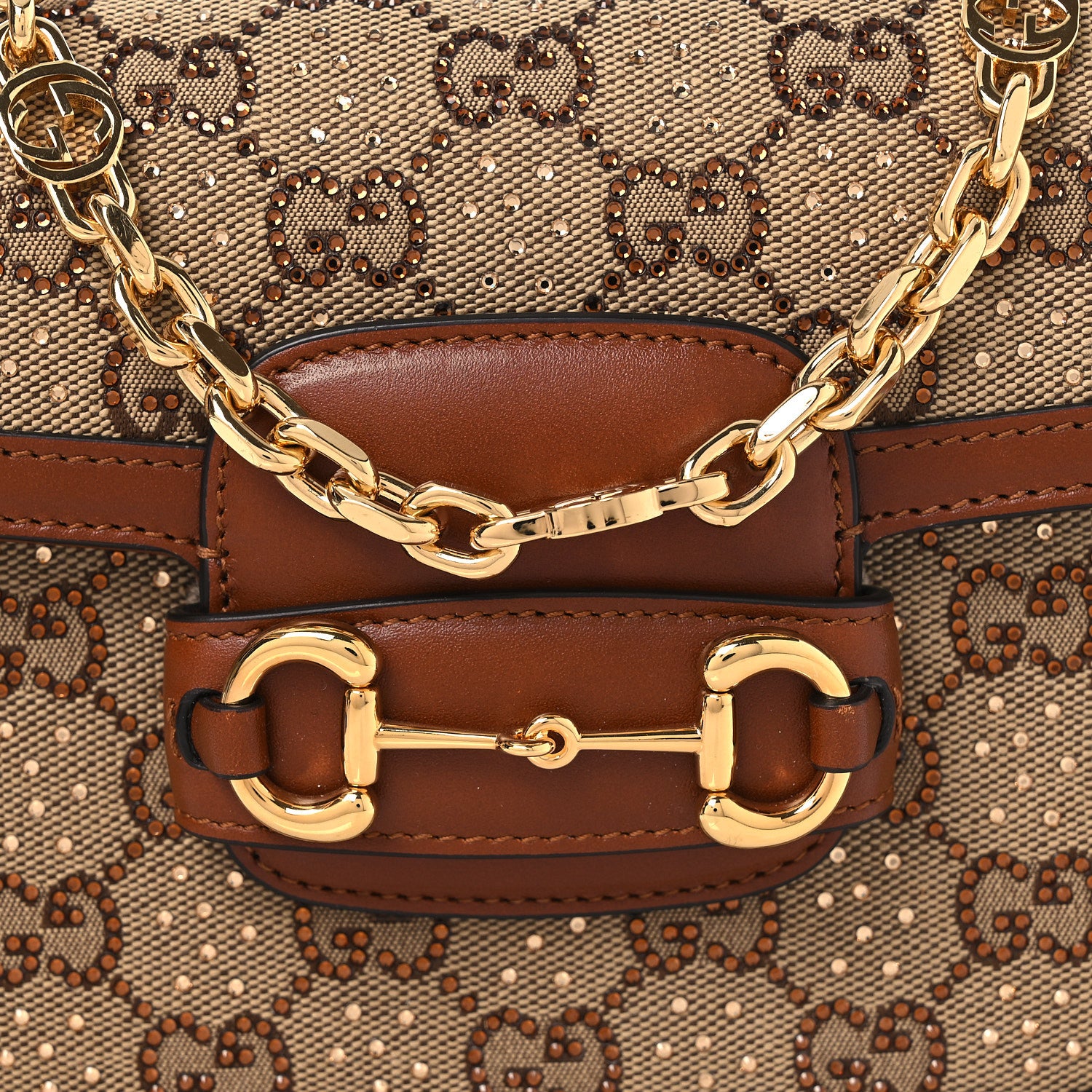 Gucci New Canvas Charisma Calfskin Crystal GG Monogram Mini Horsebit 1955 Shoulder Bag Camel Ebony 9 of 12