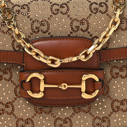 Gucci New Canvas Charisma Calfskin Crystal GG Monogram Mini Horsebit 1955 Shoulder Bag Camel Ebony 9 of 12