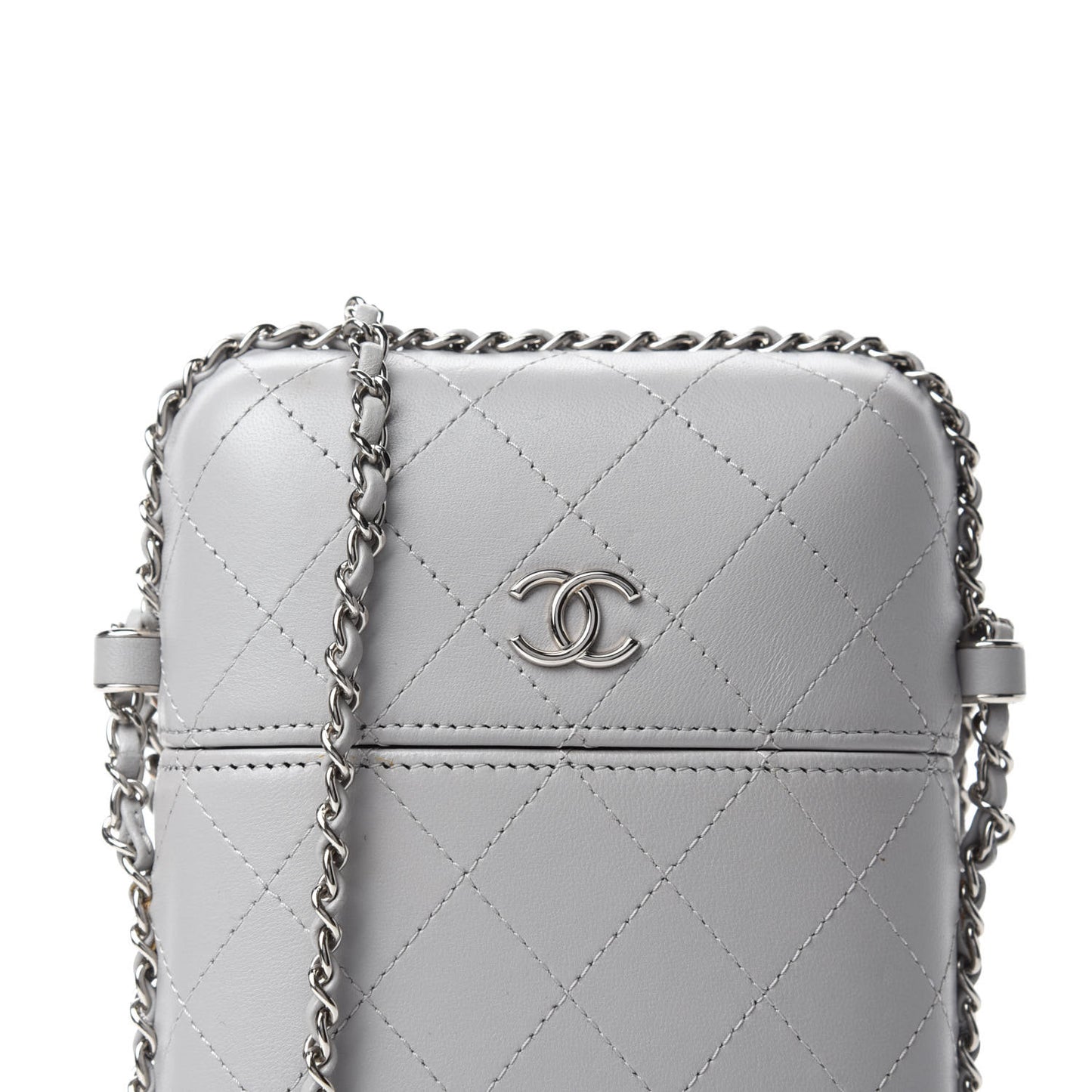 Lambskin Quilted Chain Around Phone Holder Grey