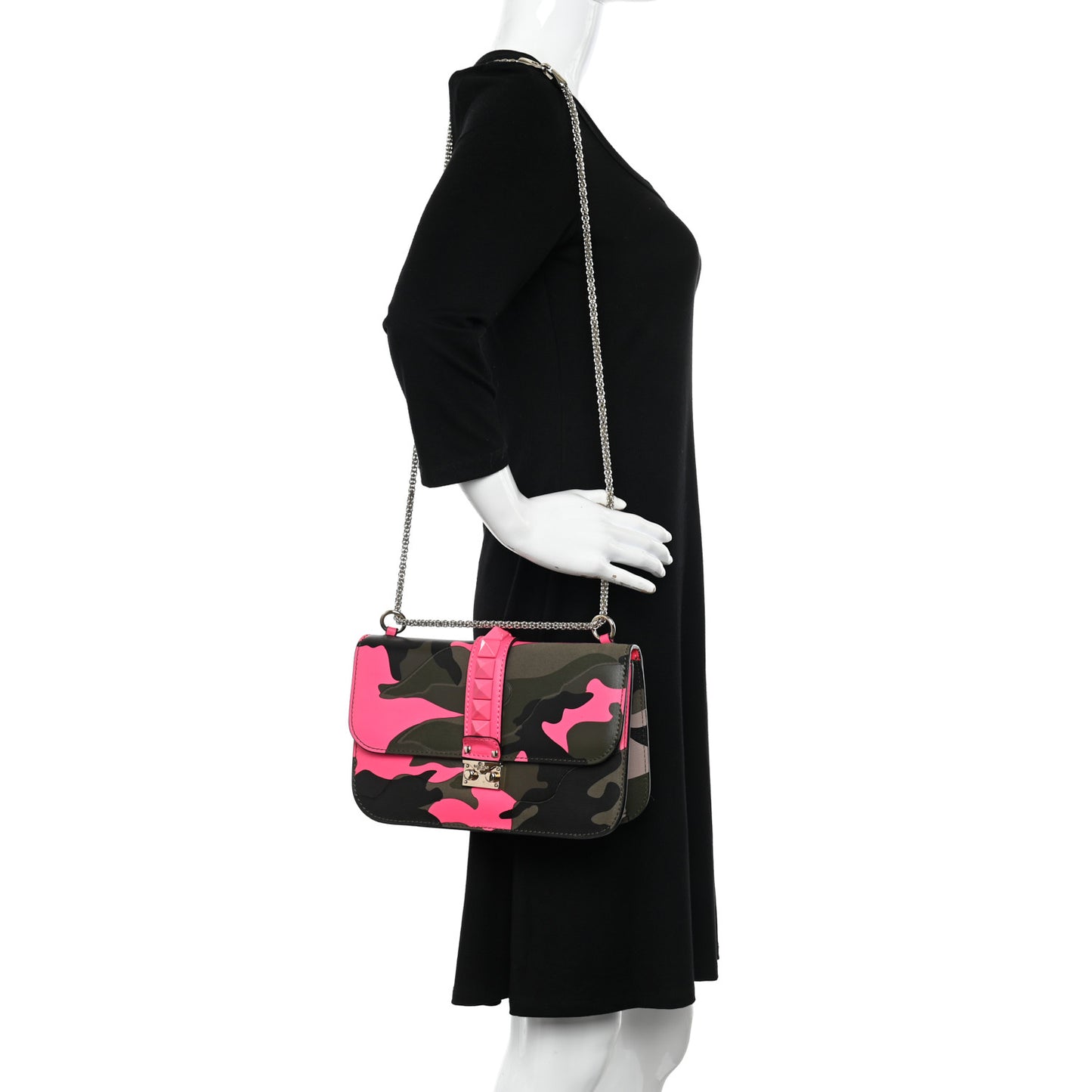 Nappa Canvas Camouflage Medium Glam Lock Rockstud Flap Fuxia Fluo