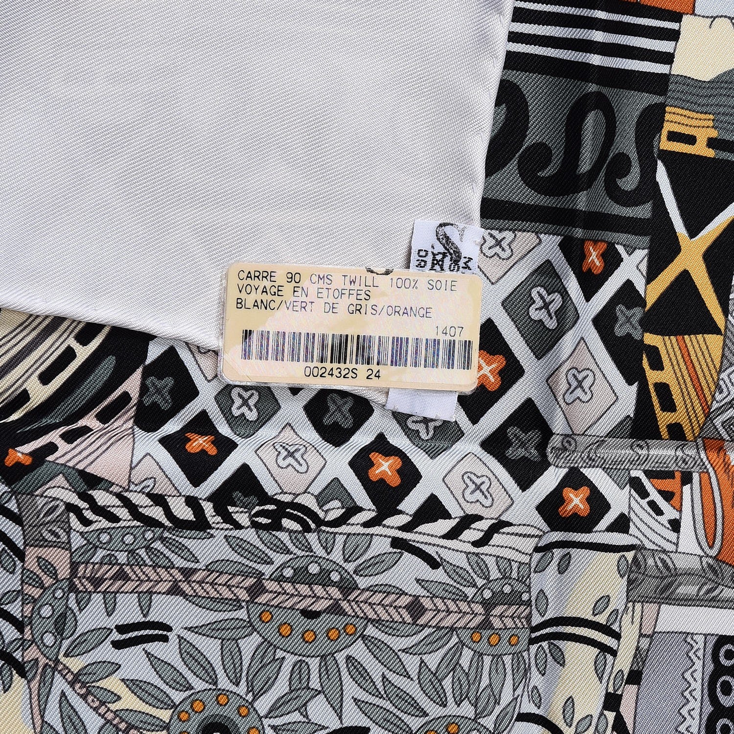 Hermes Silk Voyage En Etoffes Scarf 90 Blanc Vert De Gris Orange 4 of 4
