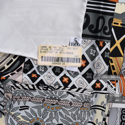 Hermes Silk Voyage En Etoffes Scarf 90 Blanc Vert De Gris Orange 4 of 4