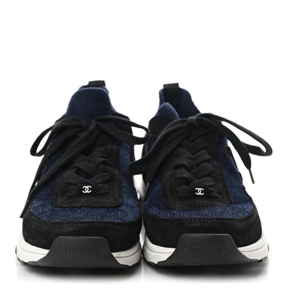 Chanel Fabric Suede Calfskin Stretch CC Sneakers 40 Blue Black 2 of 7