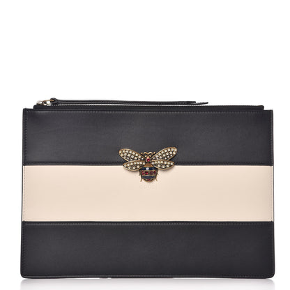 Gucci Calfskin Striped Oversized Bee Zip Pouch White Black 1 of 9