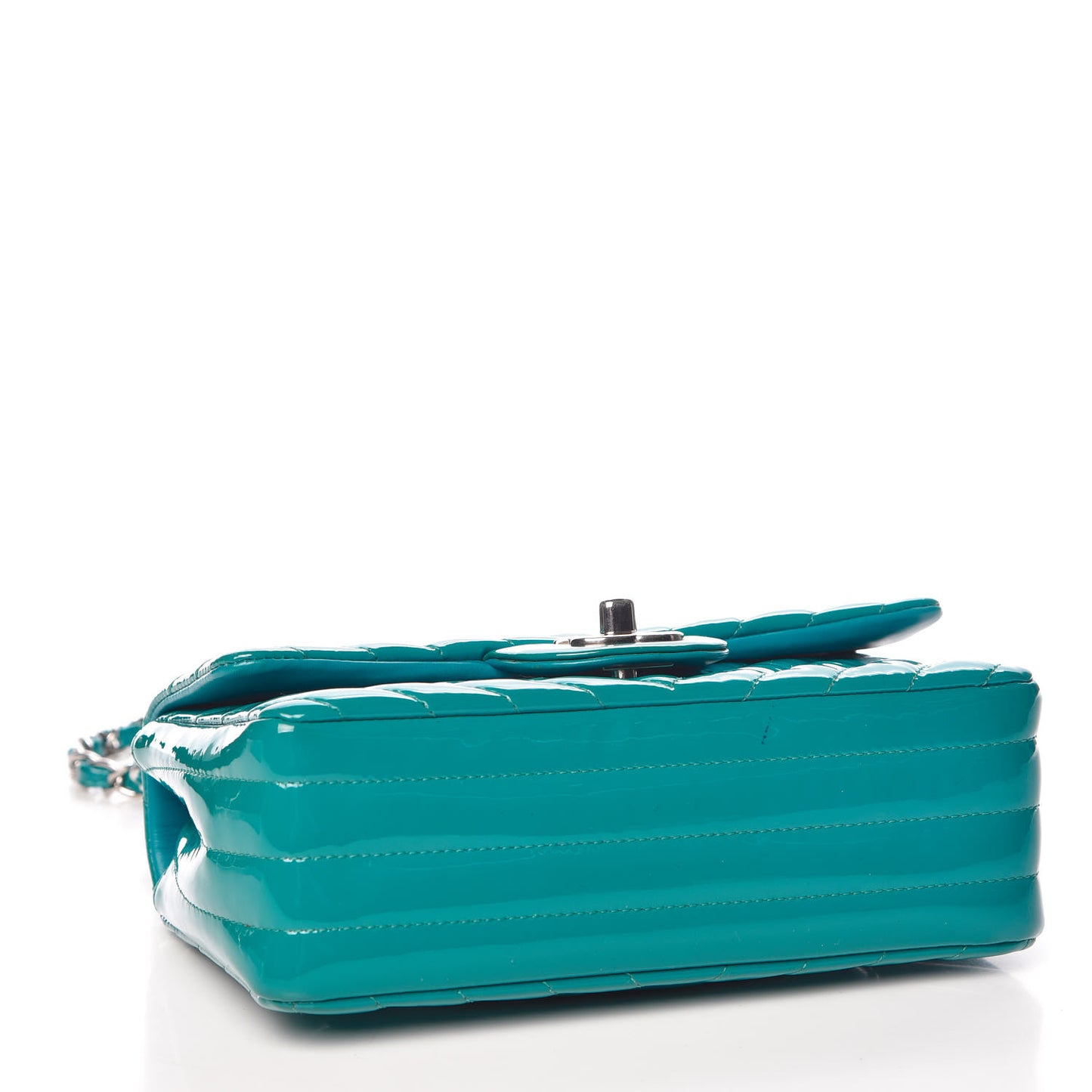 Patent Calfskin Chevron Quilted Mini Rectangular Flap Blue
