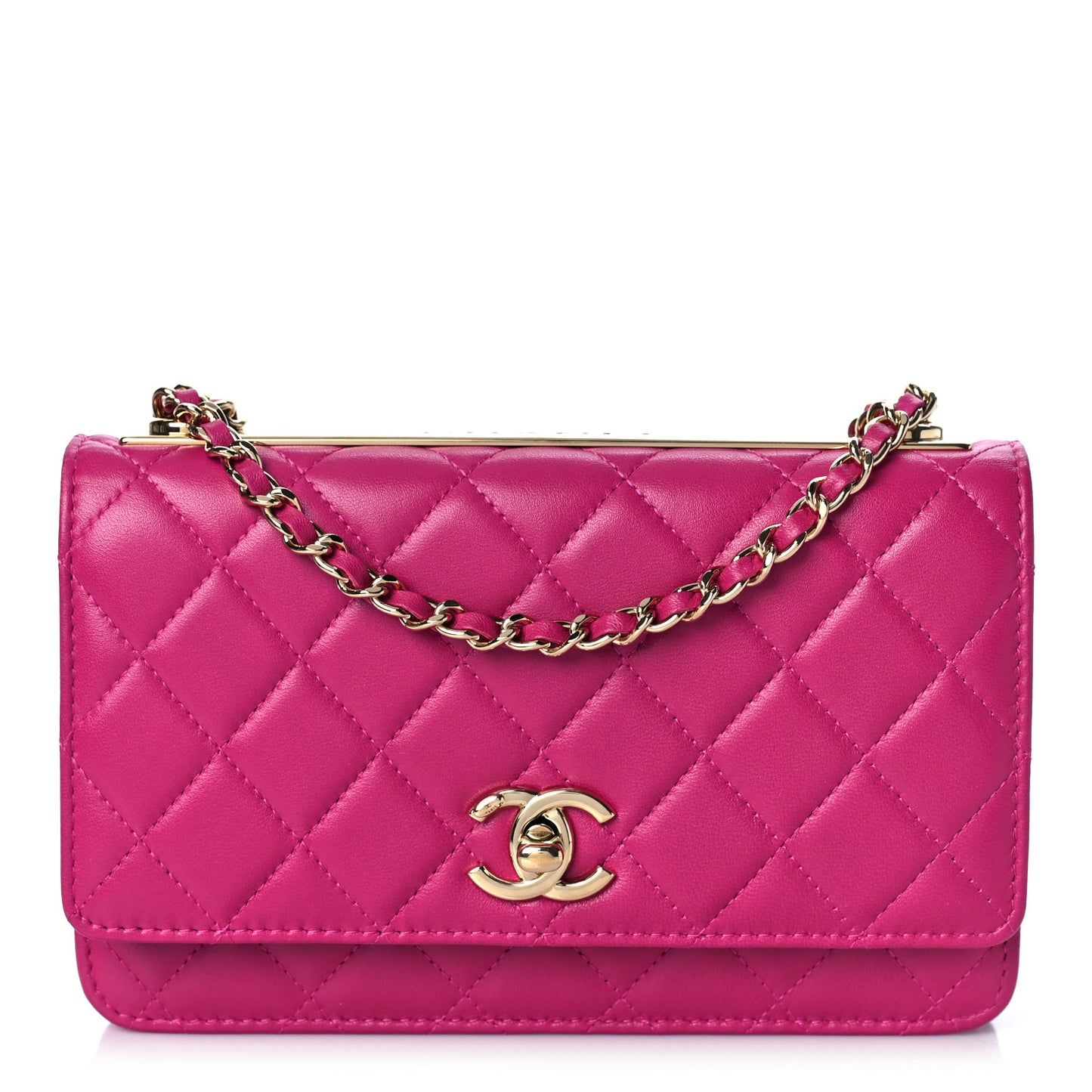 Lambskin Quilted Trendy CC Wallet On Chain WOC Dark Pink