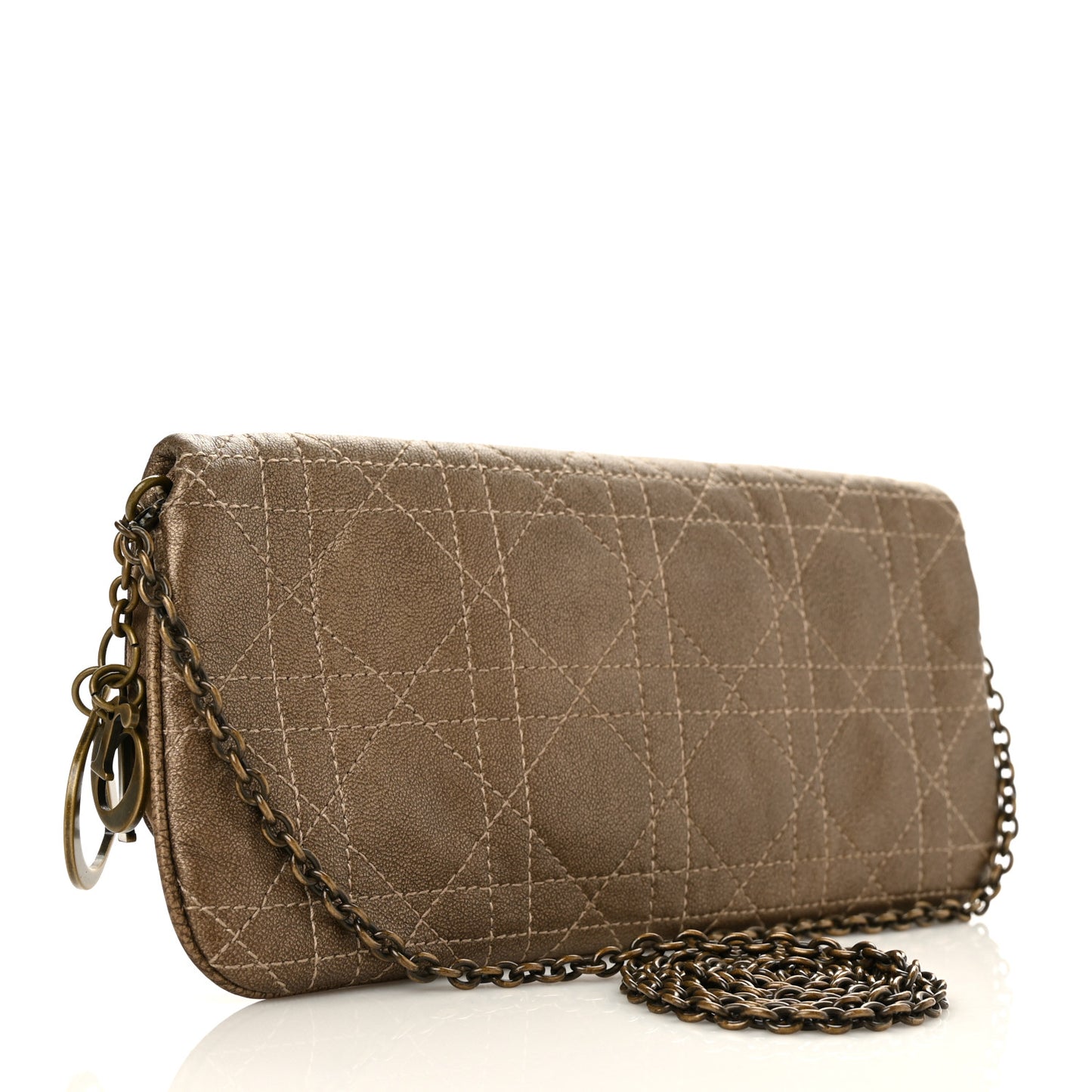 Metallic Grained Calfskin Cannage Lady Dior Wallet On Chain Bronze