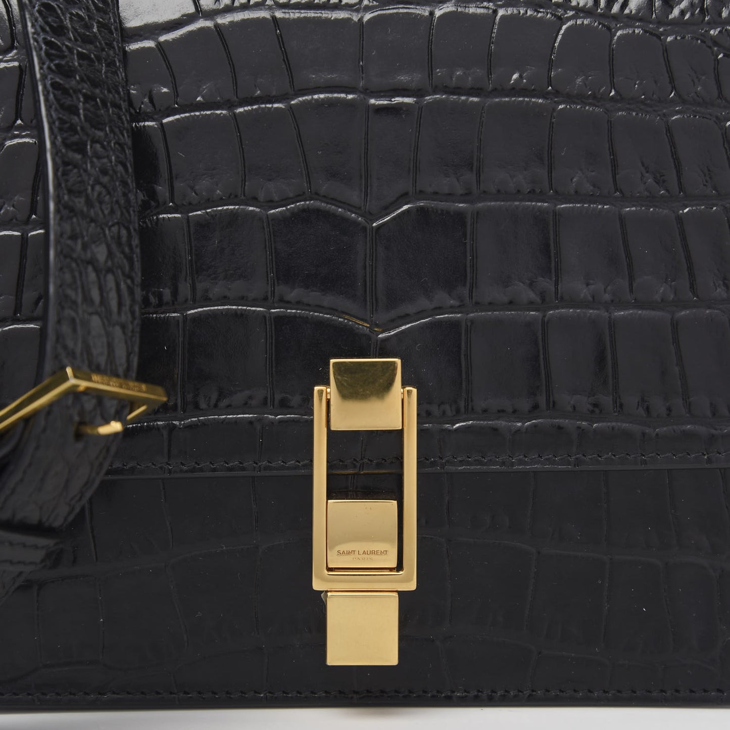 Calfskin Crocodile Embossed Carre Satchel Black