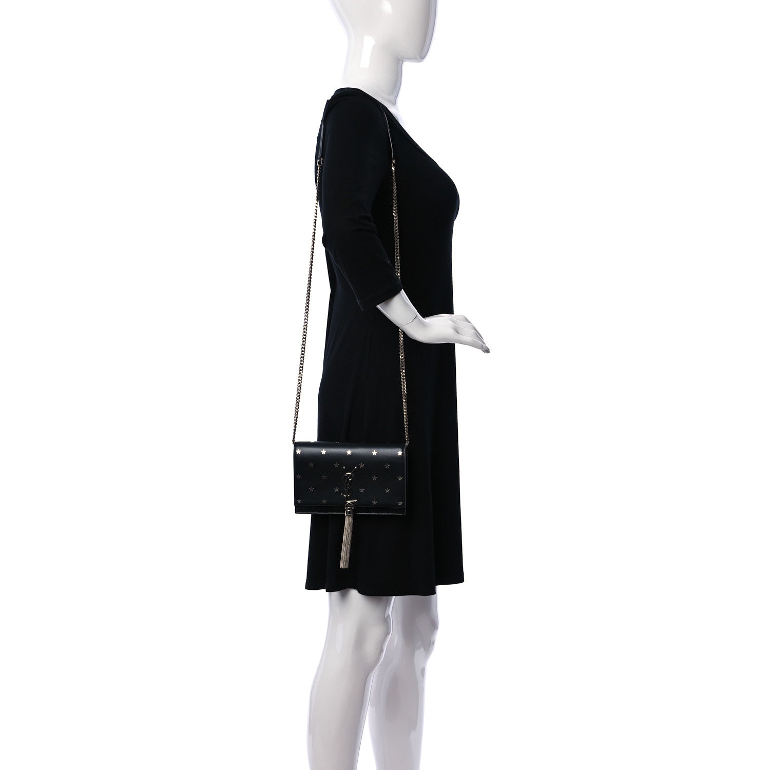Saint Laurent Calfskin Star Print Monogram Kate Tassel Chain Wallet Black Silver 2 of 11