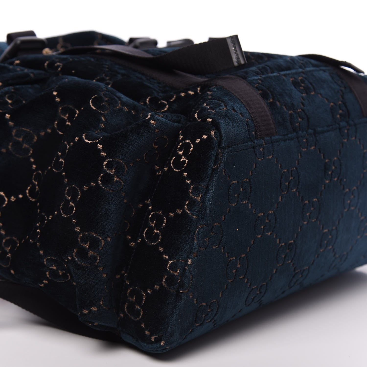 Gucci Velvet GG Monogram Web Medium Double Buckle Backpack Blue Beige Black 8 of 9