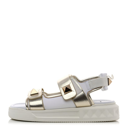 Valentino Garavani Calfskin Metallic Nappa Roman Stud Velcro Sandals 36 White 1 of 8