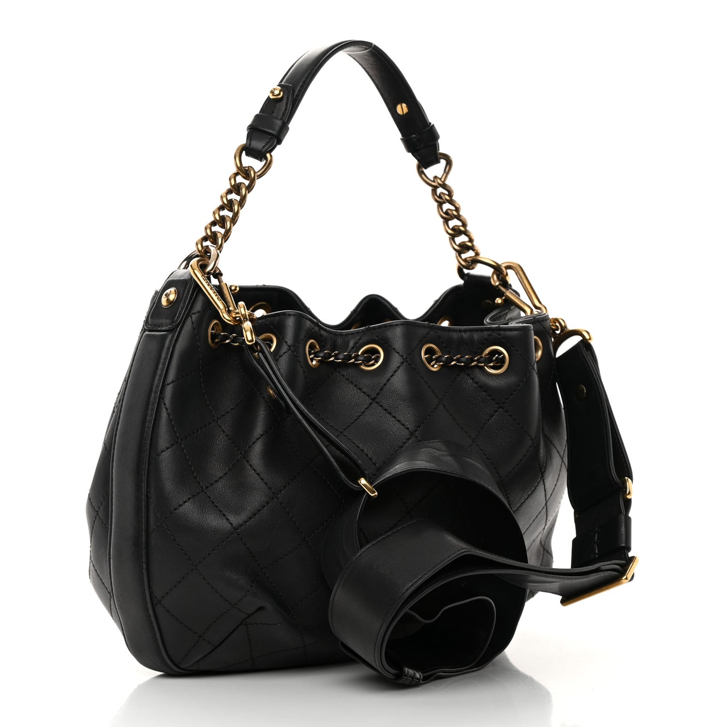 Calfskin Stitched Small Paris Rome Drawstring CC Bag Black