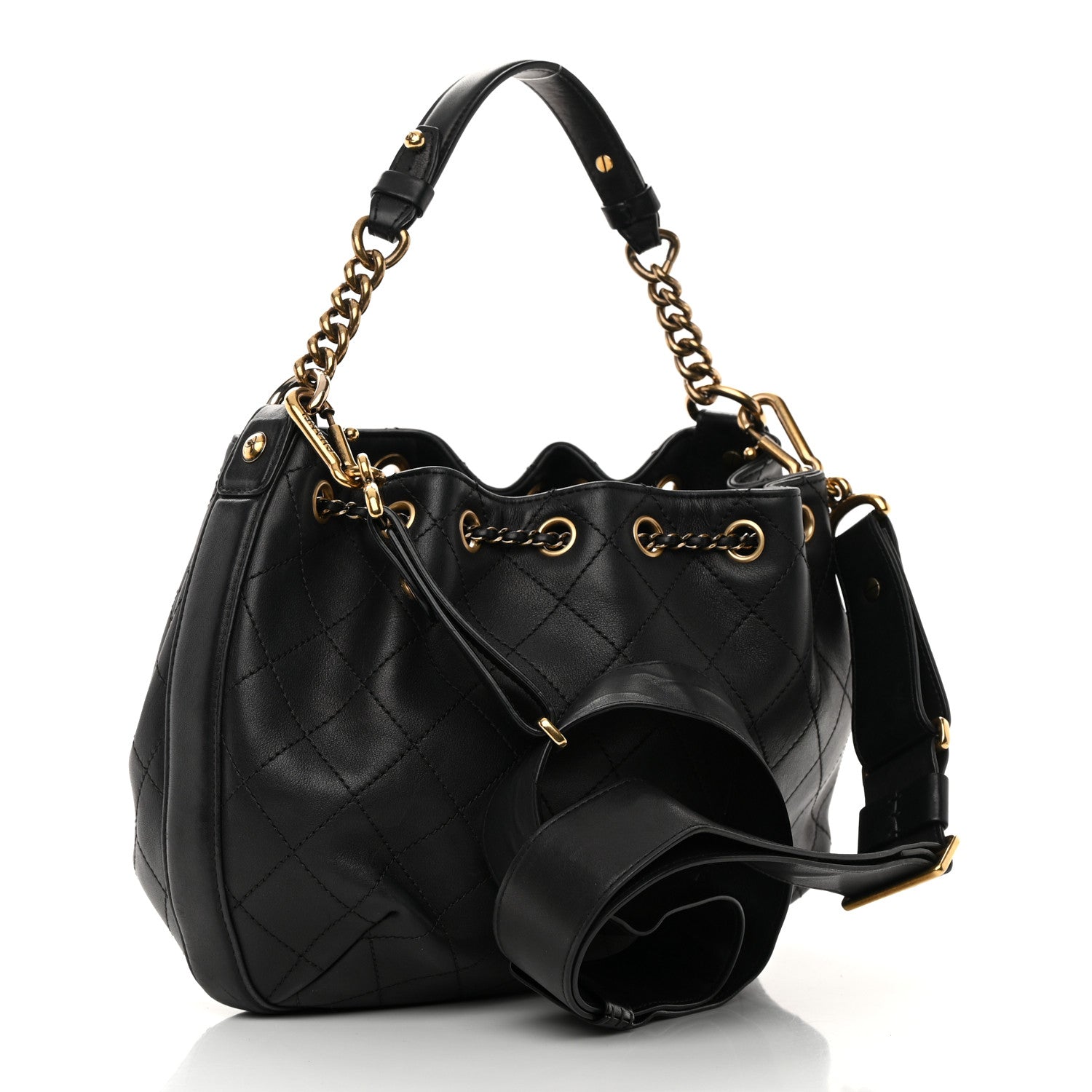 Chanel Calfskin Stitched Small Paris Rome Drawstring CC Bag Black 3 of 19