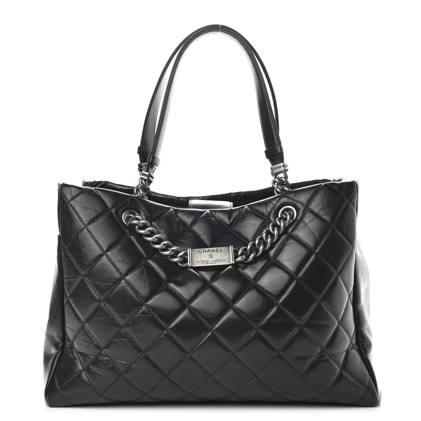 Glazed Calfskin Quilted Large Nameplate Shopping Tote Black