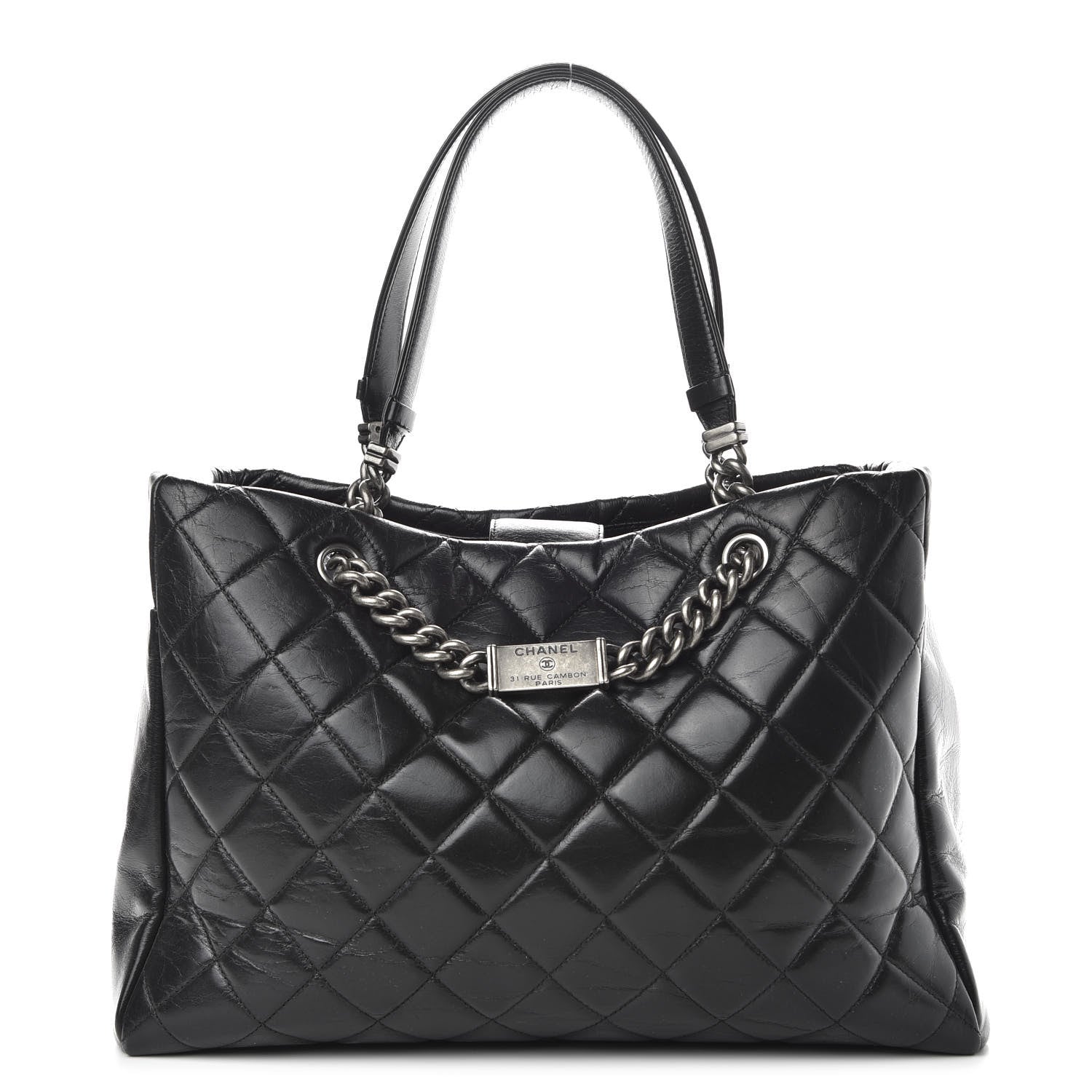 Chanel Glazed Calfskin Quilted Large Nameplate Shopping Tote Black 1 of 10