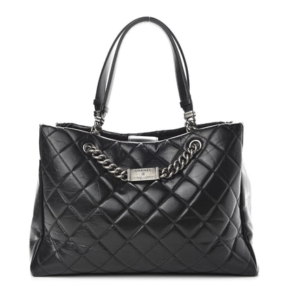Chanel Glazed Calfskin Quilted Large Nameplate Shopping Tote Black 1 of 10