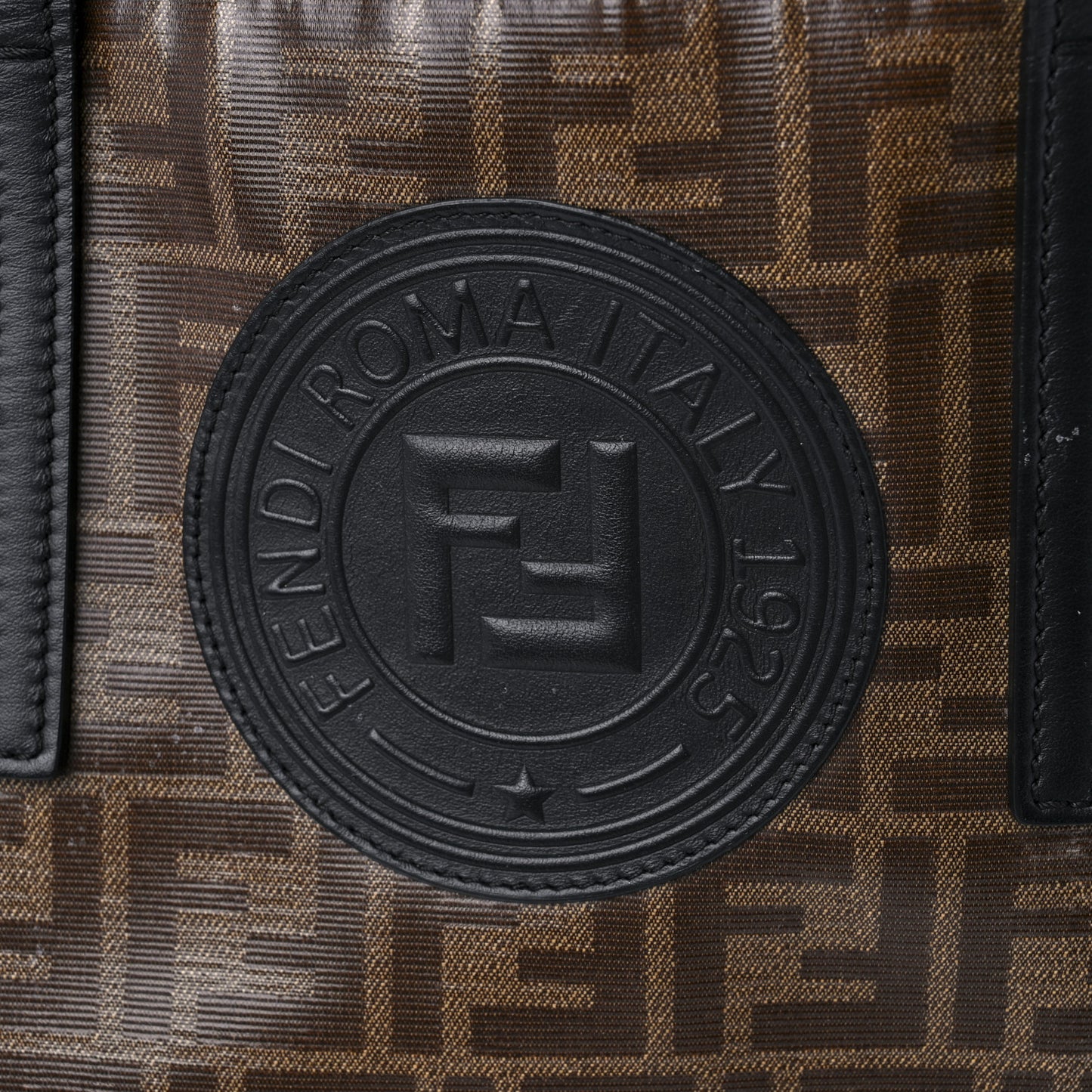 Glazed Fabric Vitello Century FF 1974 Stamp Patch Shopping Tote Mogano Panna Black