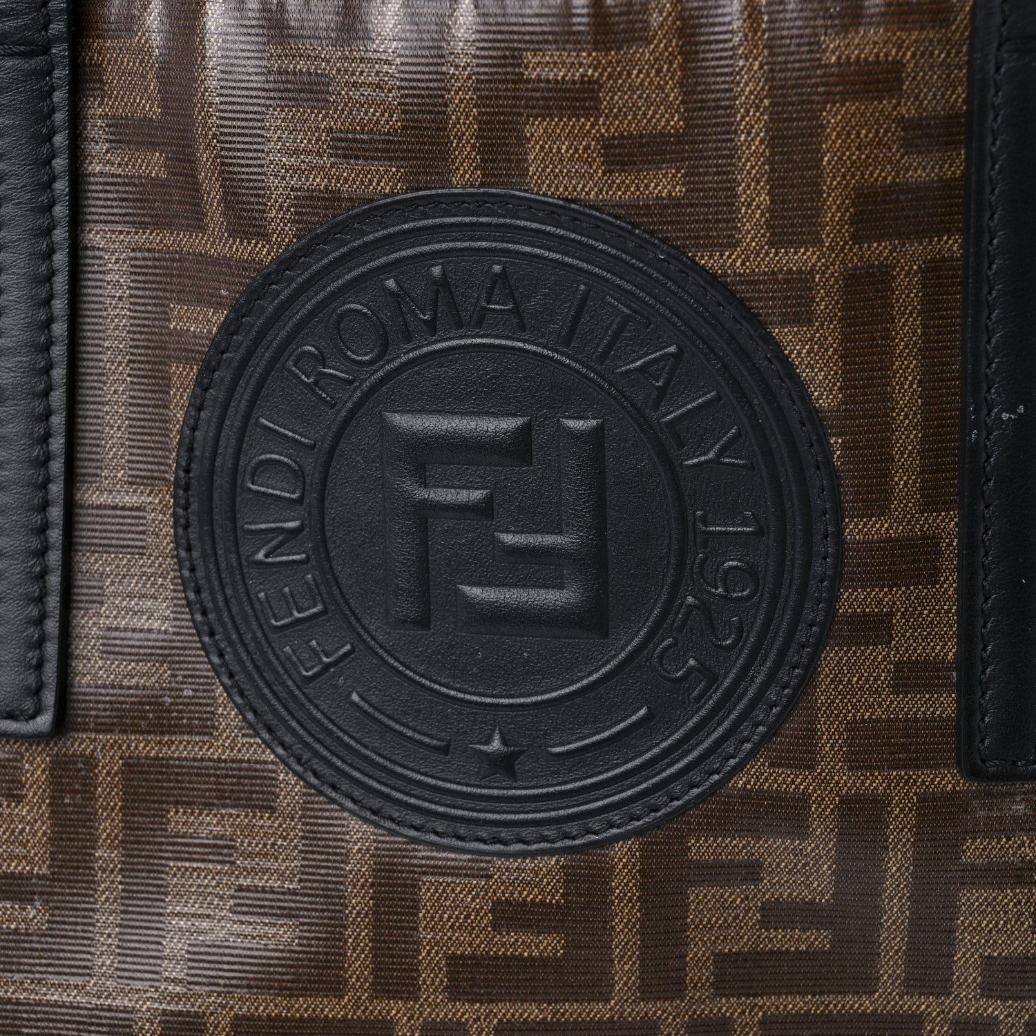Fendi Glazed Fabric Vitello Century FF 1974 Stamp Patch Shopping Tote Mogano Panna Black 8 of 10