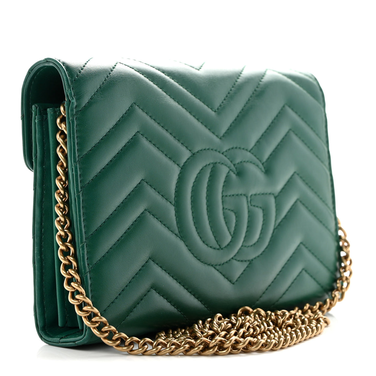Calfskin Matelasse GG Marmont Chain Wallet Emerald Green