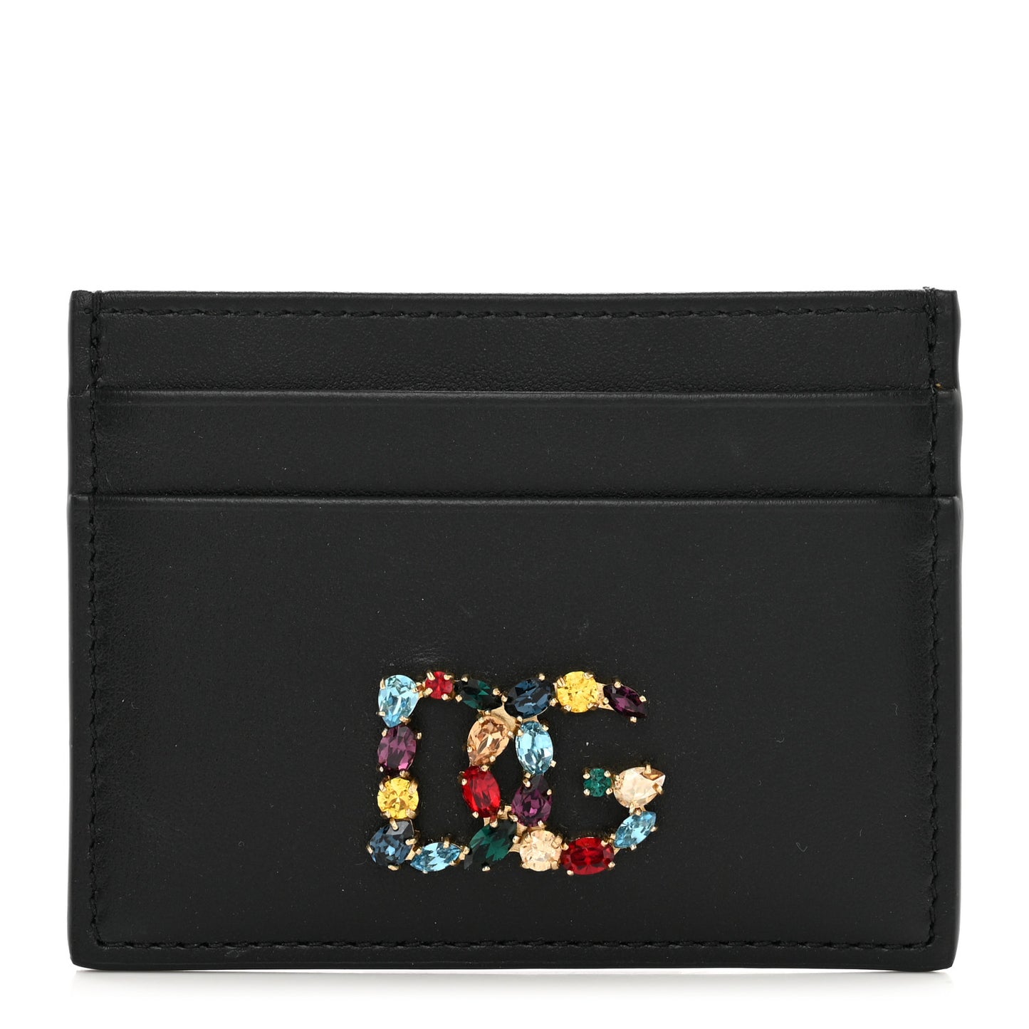Calfskin Embellished Logo Card Holder Black