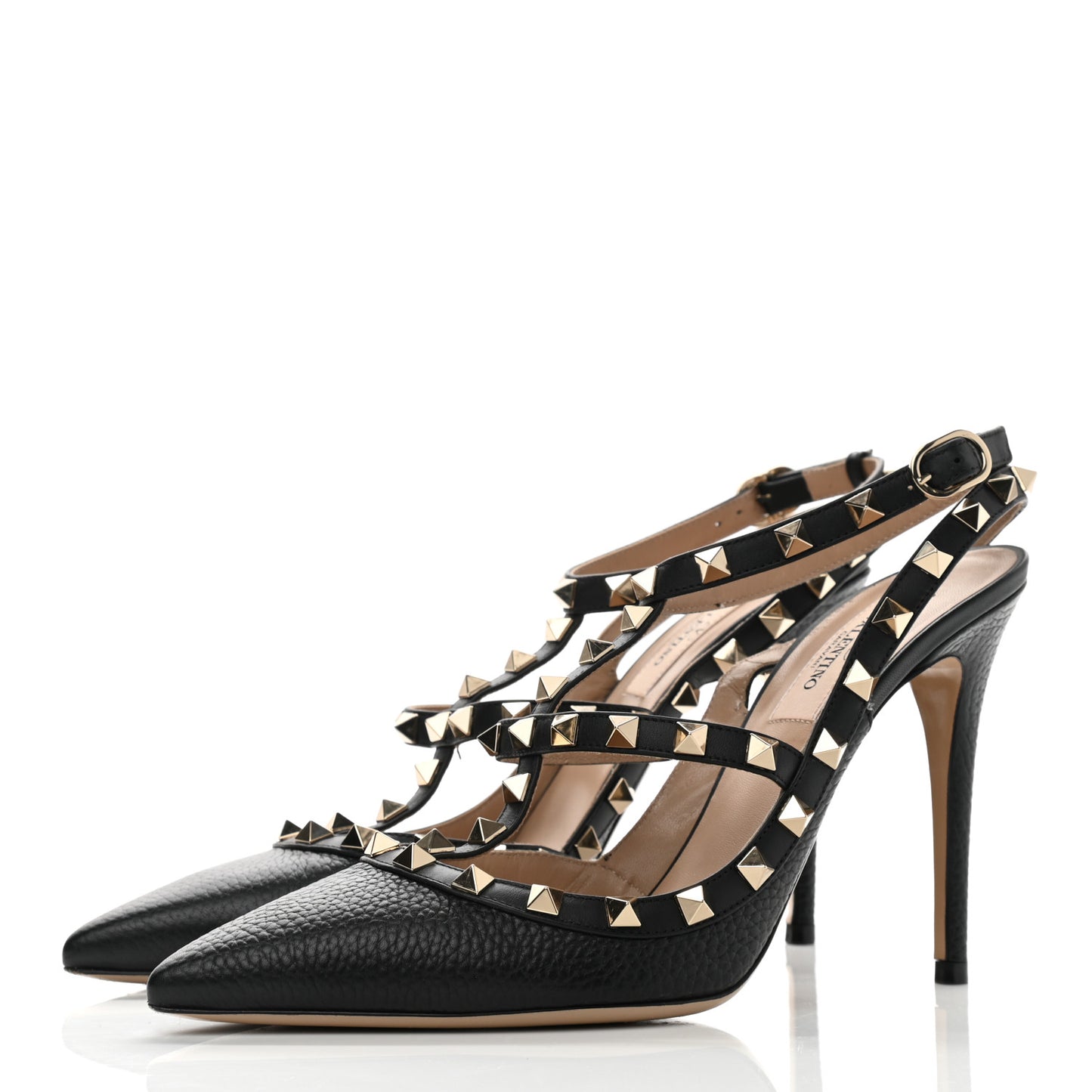Pebbled Calfskin Rockstud Ankle Strap Pumps 39 Black