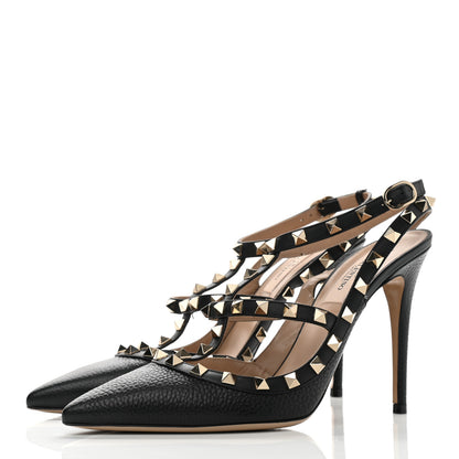 Valentino Garavani Pebbled Calfskin Rockstud Ankle Strap Pumps 39 Black 3 of 13