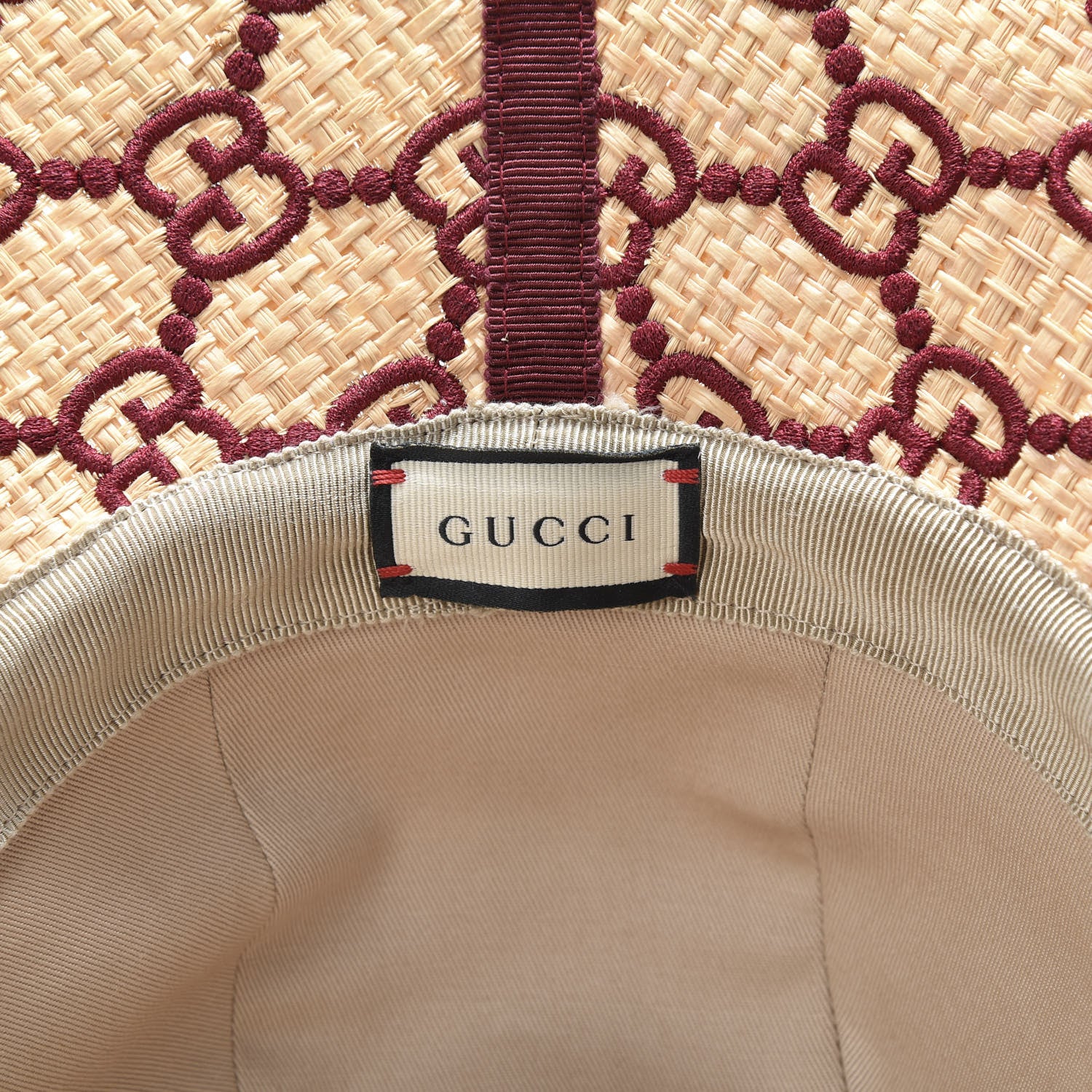 Gucci Raffia Elaphe GG Monogram Embroidered Wide Brim Hat Ivory Bordeaux 6 of 7