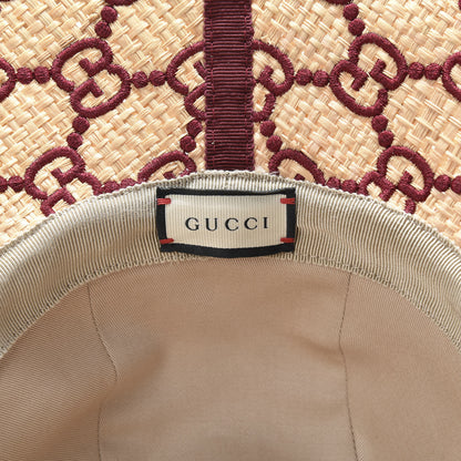 Gucci Raffia Elaphe GG Monogram Embroidered Wide Brim Hat Ivory Bordeaux 6 of 7