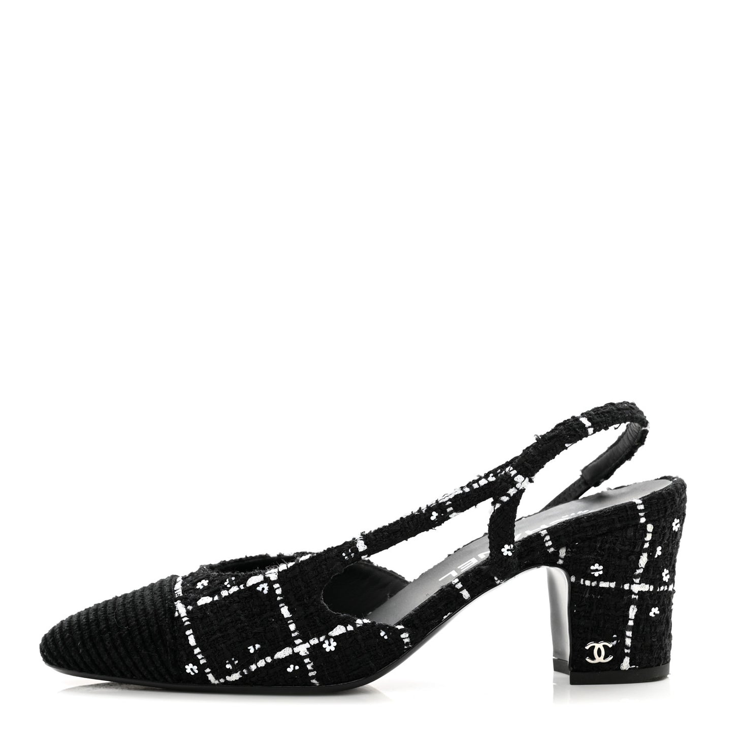 Tweed Sequins Corduroy Cap Toe CC Slingback Pumps 38 Black White
