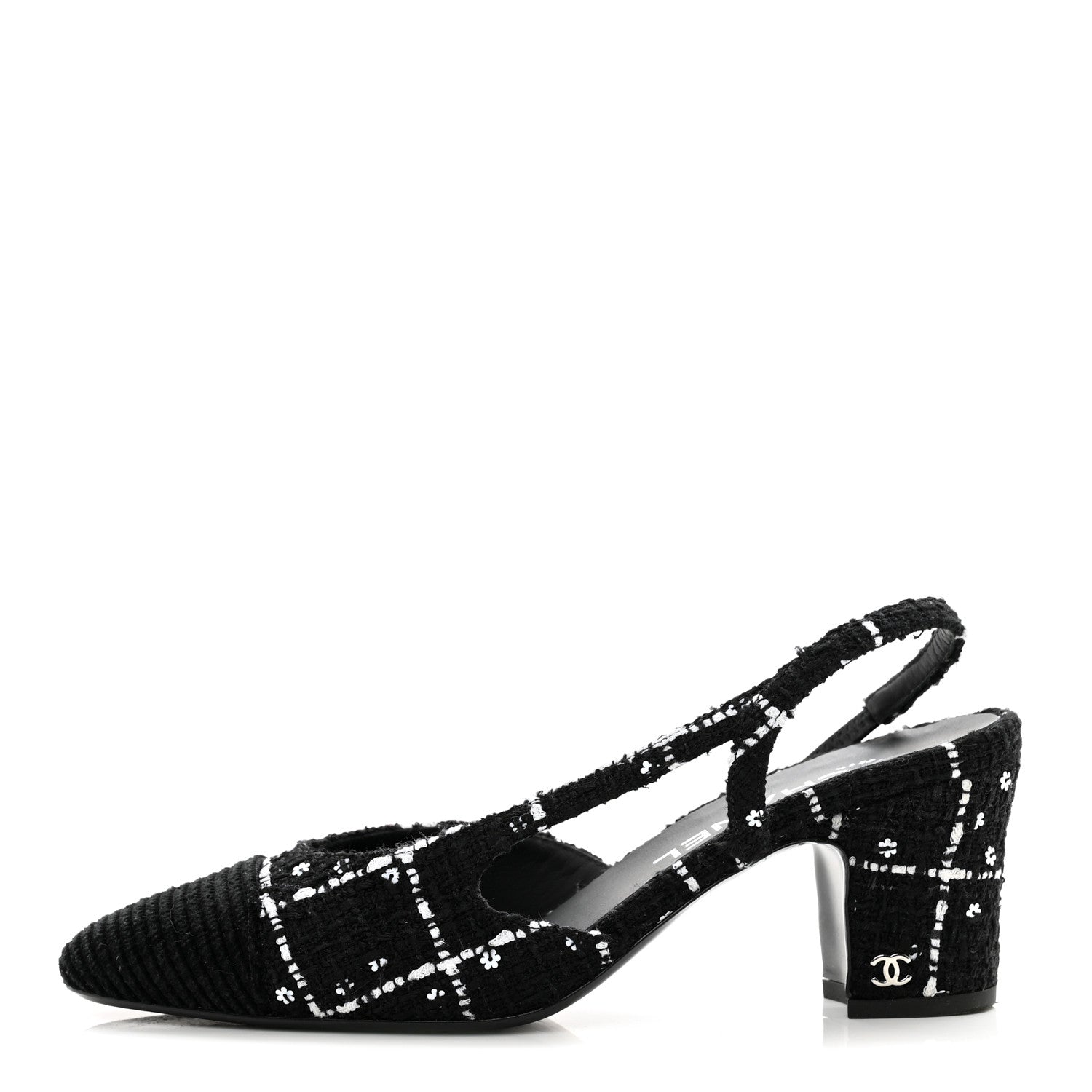 Chanel Tweed Sequins Corduroy Cap Toe CC Slingback Pumps 38 Black White 1 of 14