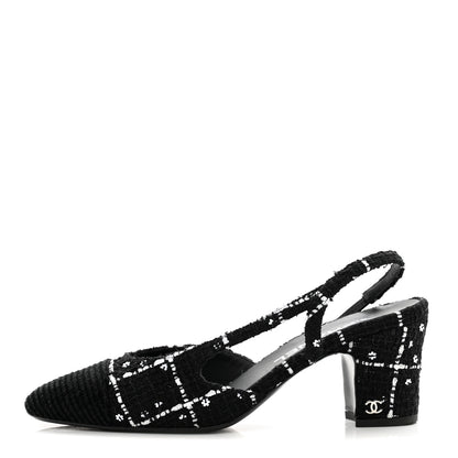 Chanel Tweed Sequins Corduroy Cap Toe CC Slingback Pumps 38 Black White 1 of 14