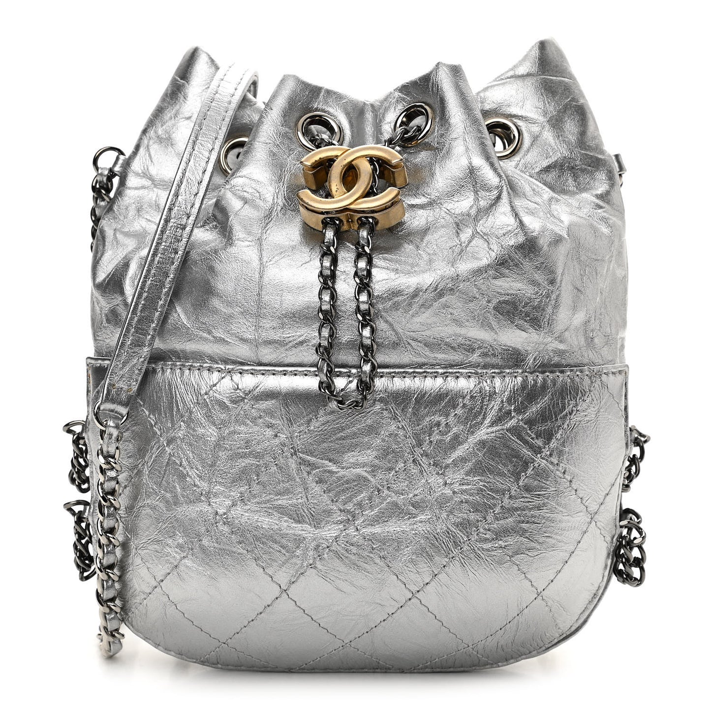 Metallic Aged Calfskin Quilted Small Gabrielle Bucket Silver