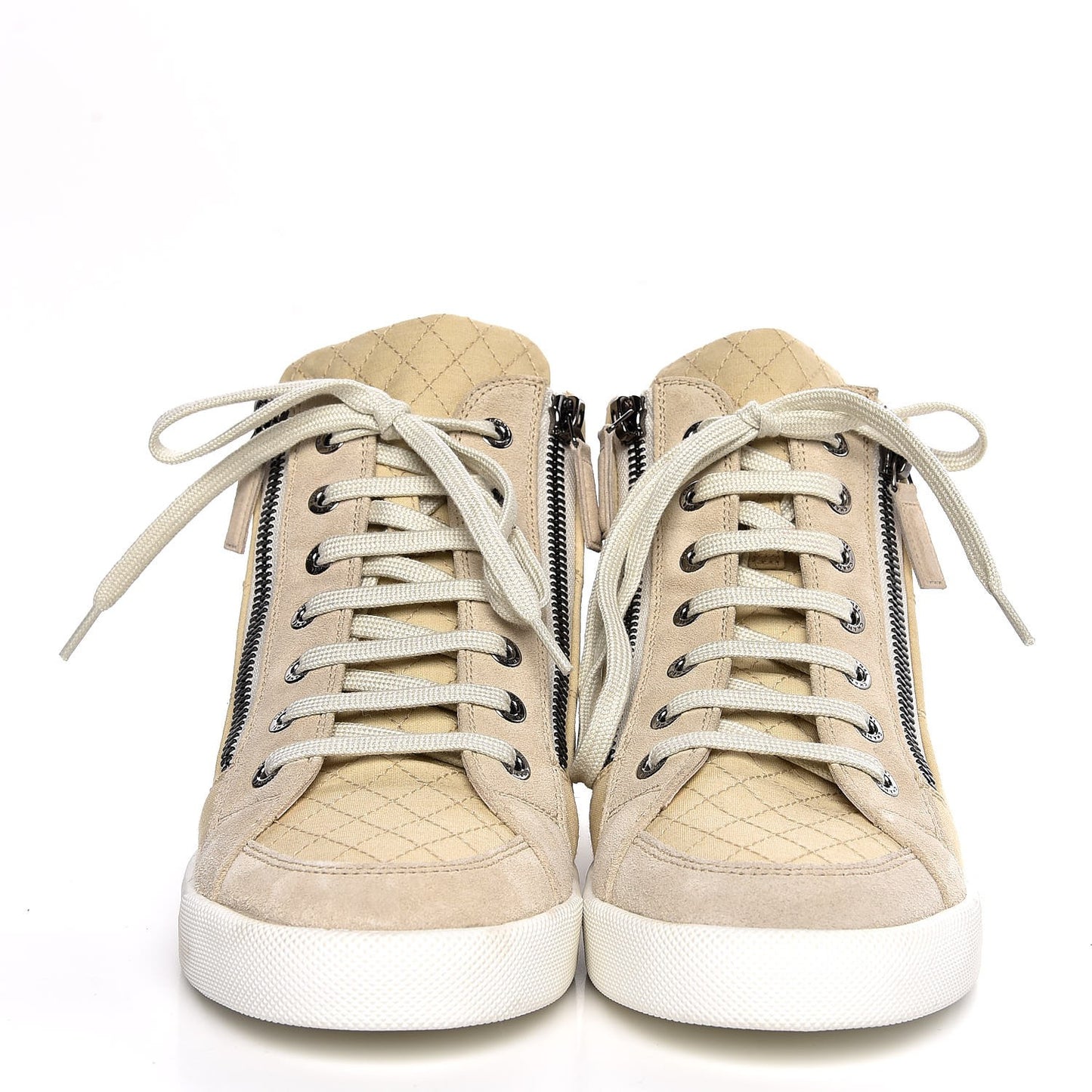 Toile Suede Calfskin CC High Top Sneakers 37 Beige White