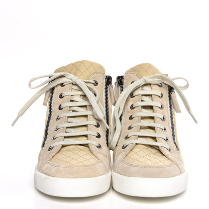 Chanel Toile Suede Calfskin CC High Top Sneakers 37 Beige White 2 of 11